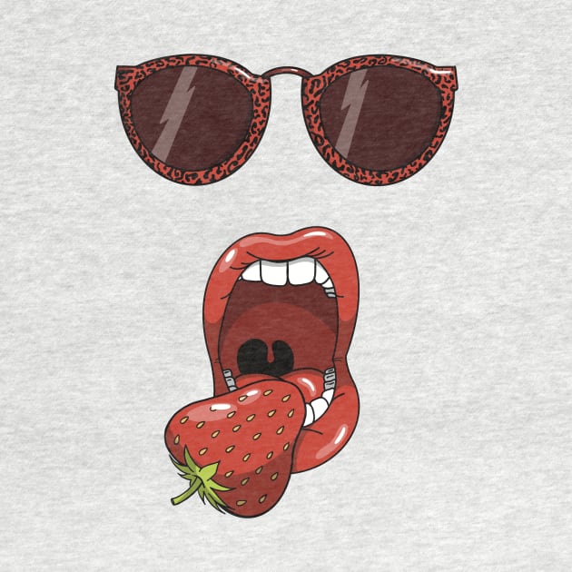 Mouth about to eat a delicious red strawberry while wearing matching red leopard print sun glasses. by Fruit Tee